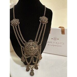 Vintage Ornate Etruscan Bells Brassy Filigree Dangle Festoon Collar Bib Necklace